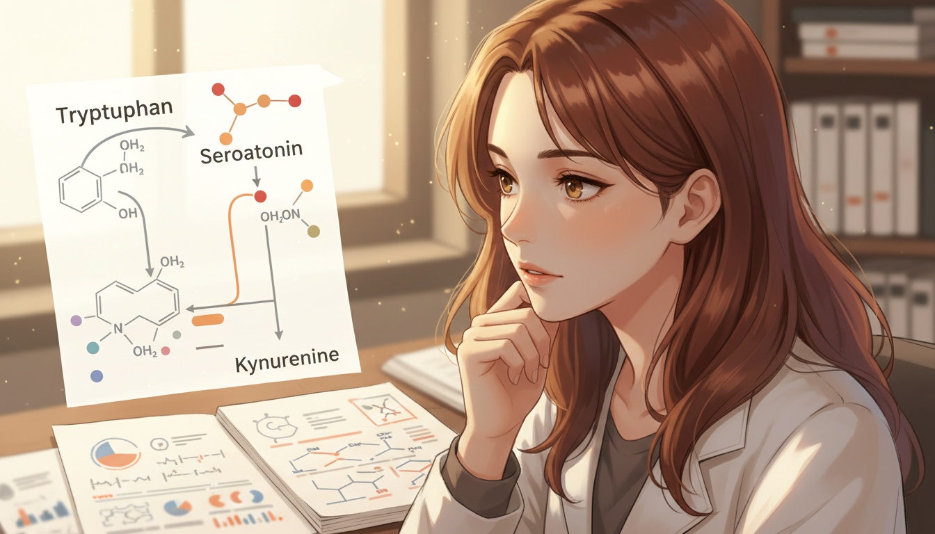 Naia studying tryptophan metabolism pathways with research papers and a gut diagram