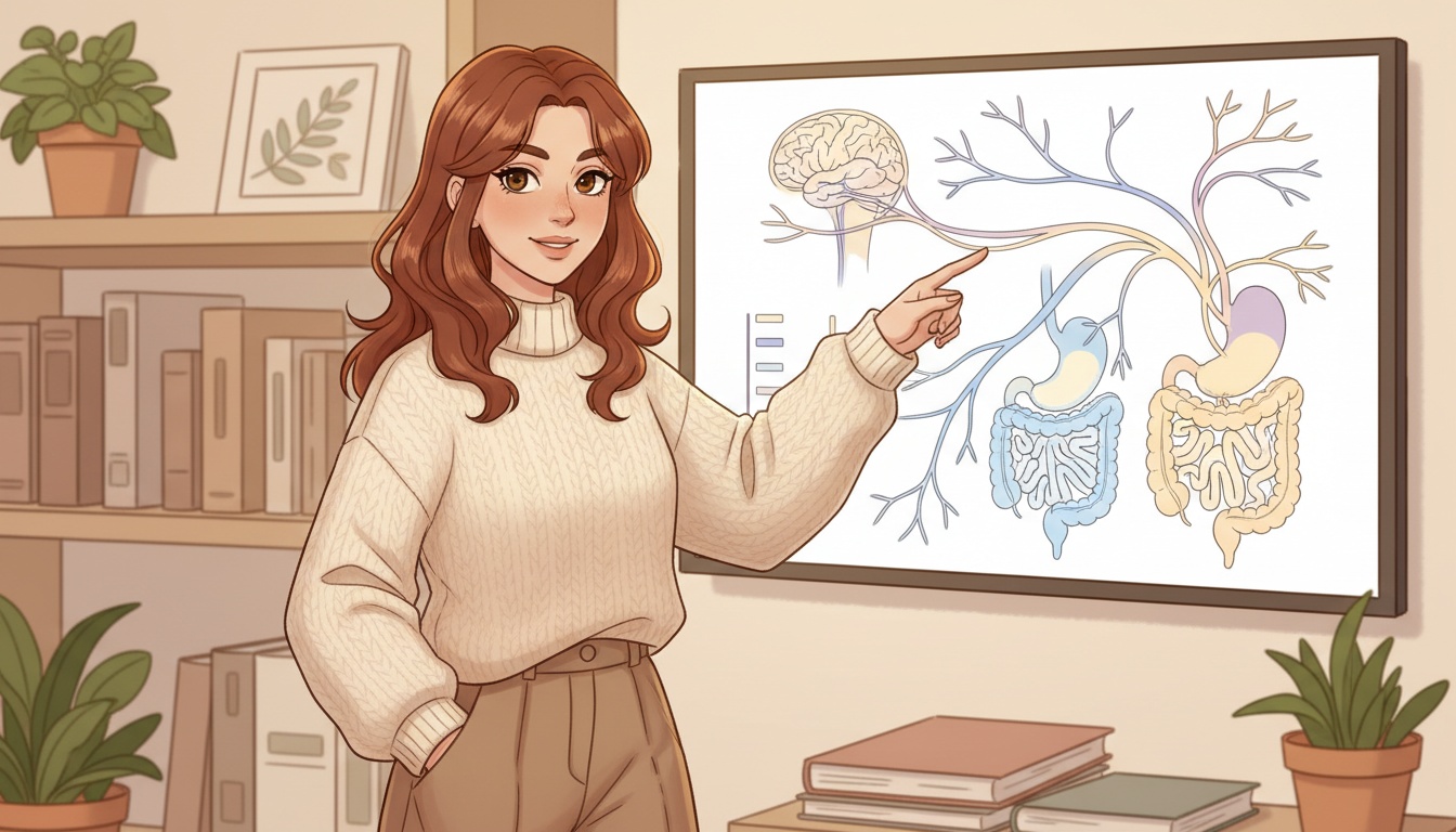 Naia confident expression with anatomical nerve illustration, warm research scene