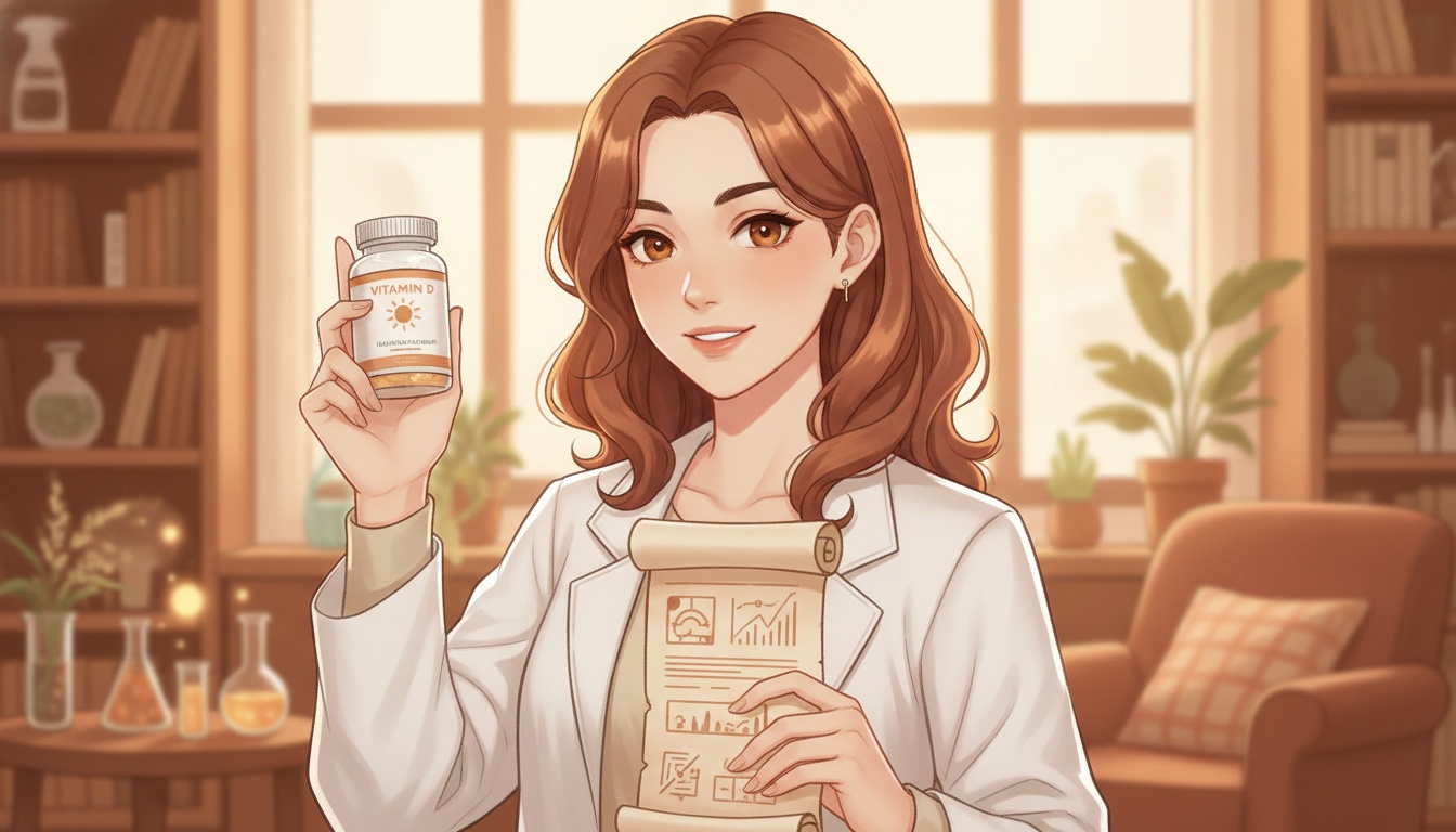 Naia with a confident expression holding vitamin D research data and personalized dosing charts
