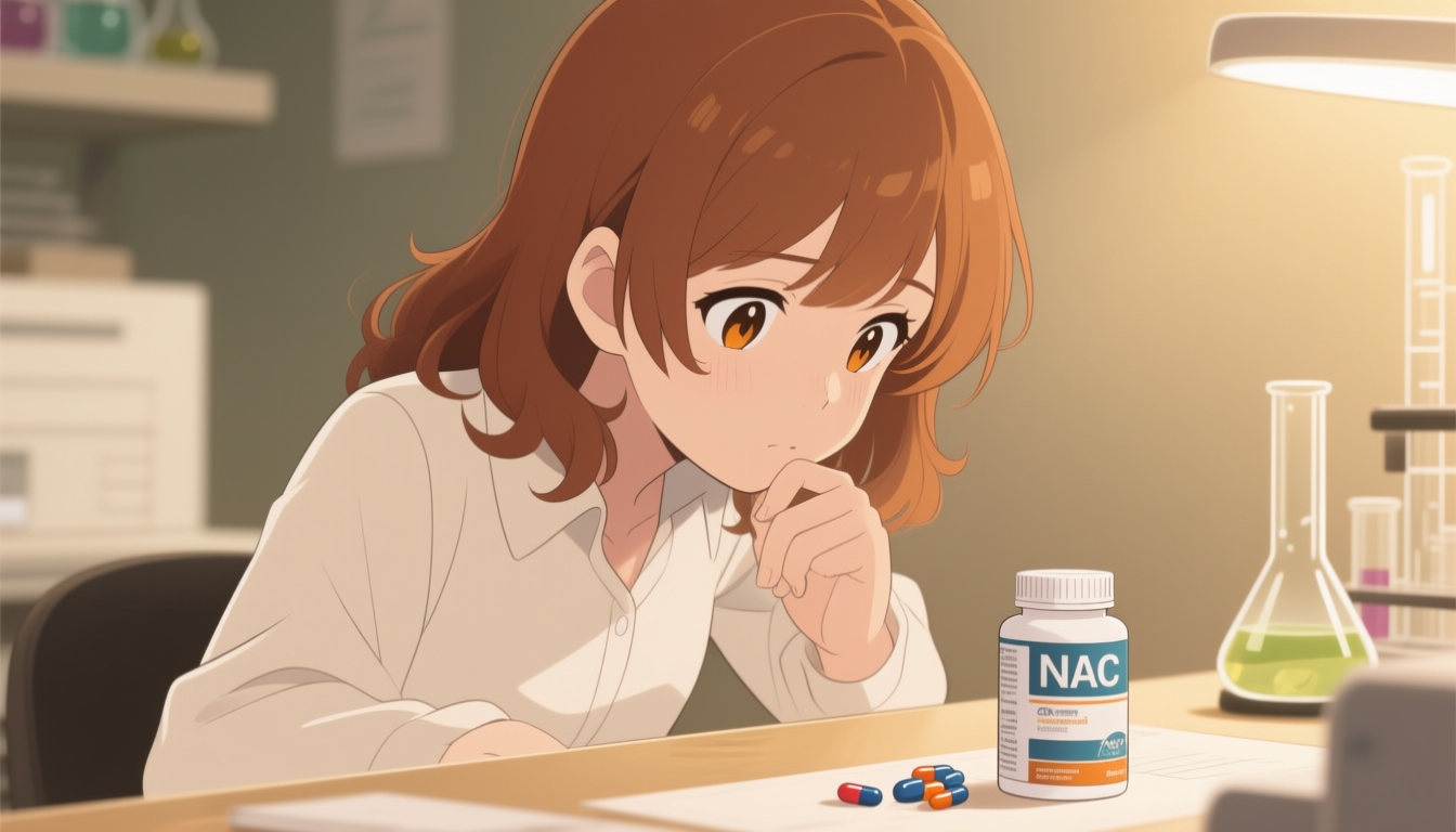 Naia looking at supplement research papers at her desk with a bottle of NAC capsules