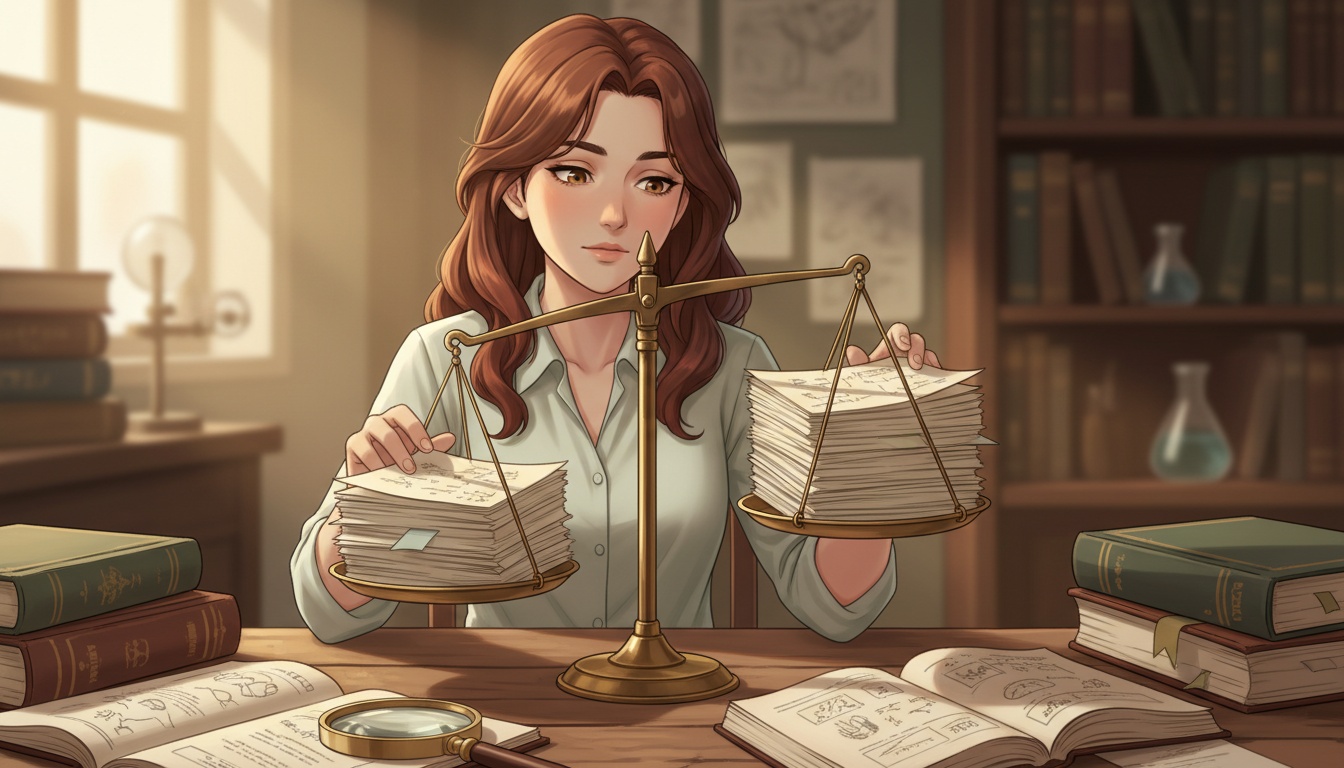 Naia weighing two stacks of research papers on a balance scale at her desk