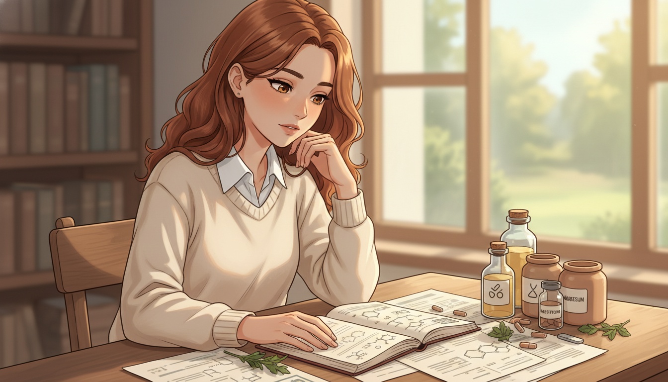 Naia looking thoughtful while reviewing hormone research, warm desk scene with journal and supplements