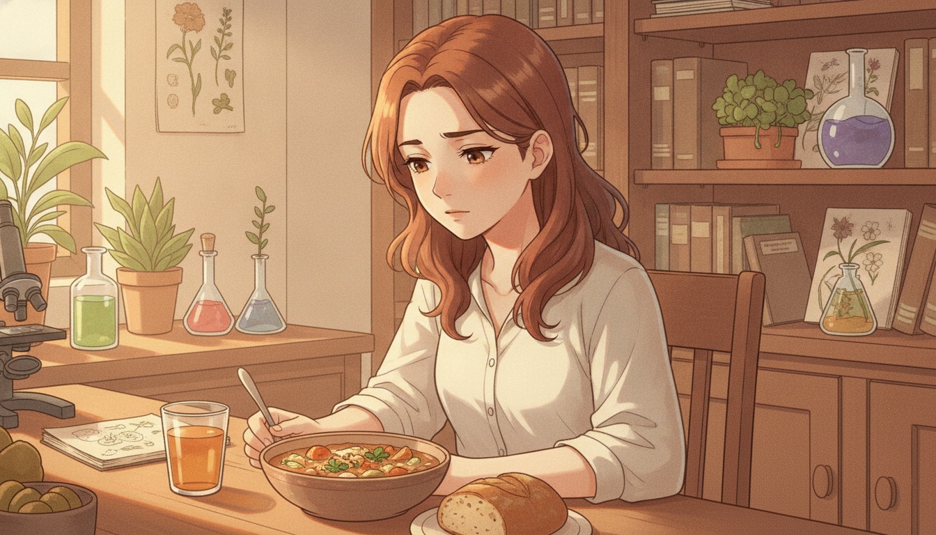 Naia looking thoughtful at a meal, no phone nearby, warm ivory tones
