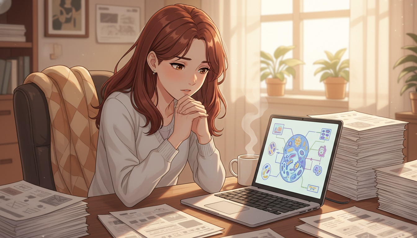 Naia reviewing autoimmune research in soft lo-fi anime illustration style